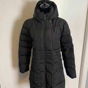 VINTAGE EUC MONCLER LADIES' BLACK PUFFER LONG COAT WITH REMOVABLE HOOD - SIZE 1
